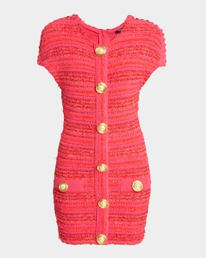 Chain Short-Sleeve Tweed Mini Dress