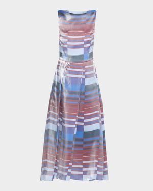 Sleeveless Pleated Geometric-Print Midi Dress