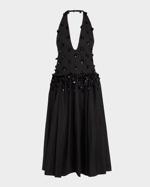 Nuit Embellished Plunging Halter Drop-Waist Gown