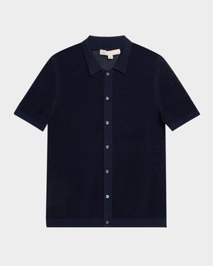 Men's Crochet Knit Casual Button-Down Shirt