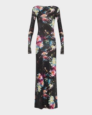Floral Jersey Long-Sleeve Gown