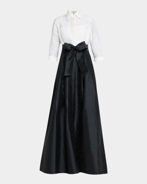 Two-Tone 3/4-Sleeve Taffeta Shirtdress Gown