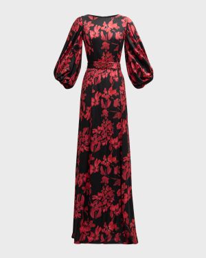 Belted Floral-Print Twill Gown