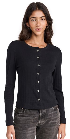 Leset Pointelle Classic Crew Cardigan Black S