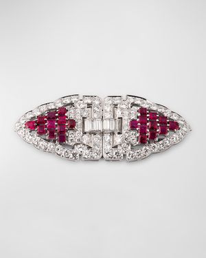 Estate Art Deco Diamond & Ruby Duette Clip Brooch