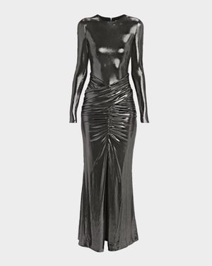 Stealla Metallic Ruched Long-Sleeve Gown