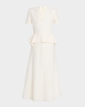 V-Neck Peplum Silk Jacquard Midi Dress