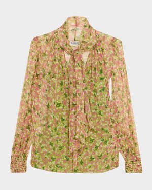 Lila Floral Silk Scarf-Tie Blouse