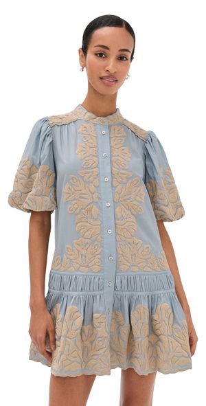 Sea Alexandra Embroidered Bubble Sleeve Tunic Dress Blue M