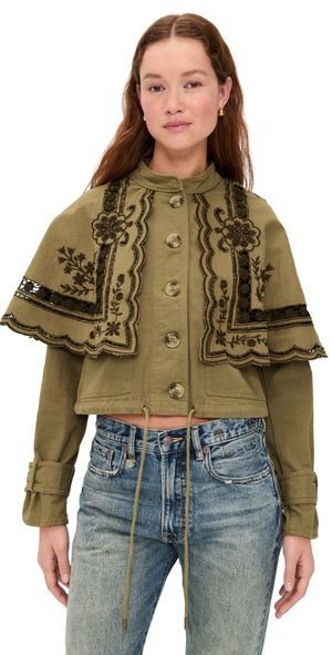 Free People Bali Hideaway Cutwork Jacket Olive Combo L