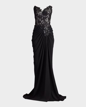 Strapless Pleated Sequin Lace Gown