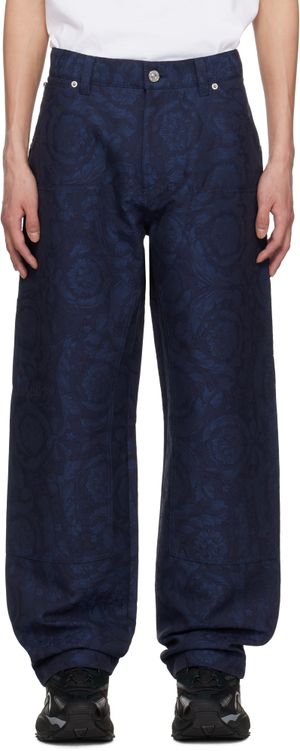 Versace Pantalon menuisier bleu à motif Barocco en jacquard