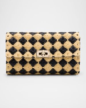 Rockstud Embroidered Raffia Shoulder Bag
