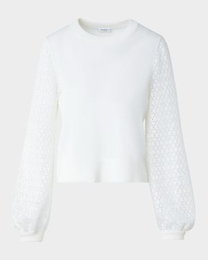 Mixed-Media Daisy Guipure Blouson-Sleeve Knit Sweater