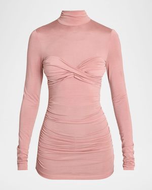 Gathered Long-Sleeve Turtleneck Top