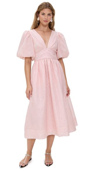 Sea Florence Embossed Puff Sleeve Midi Dress Pink 0