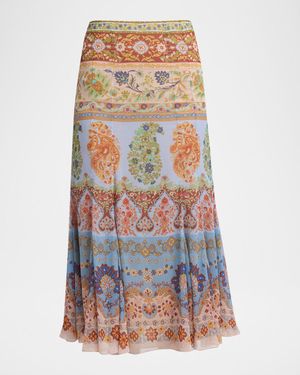 Paisley-Print Georgette Godet Midi Skirt