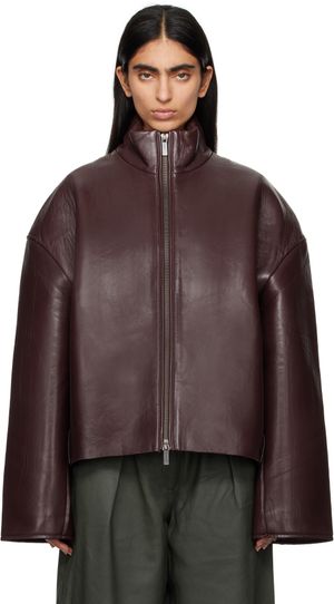 REMAIN Birger Christensen Blouson bourgogne en cuir à doublure en jersey contrecollé