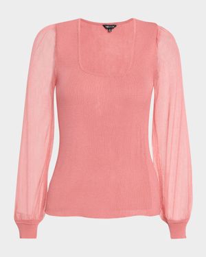 Sheer-Sleeve Ribbed Knit Top