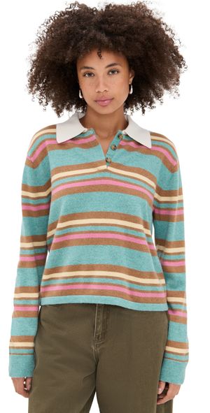 Guest in Residence Cashmere Cropped Stripe Rugby Pullover Glacier Combo L