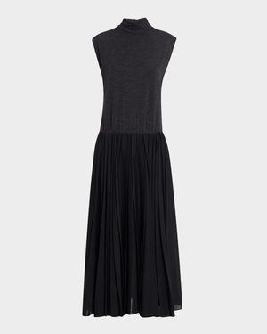 Mixed-Media Pleated Gauze Midi T-Shirt Dress