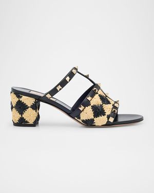Rockstud Raffia T-Strap Slide Sandals