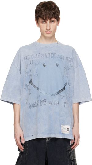 Maison MIHARA YASUHIRO Blue Bleached Smily Face Print T-shirt