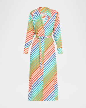 Rainbow Striped Waist-Tie Bias Midi Shirtdress