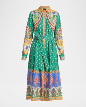 Belted Paisley Cotton Midi Shirtdress
