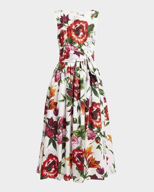 Anemone Floral Pleated Popeline Midi Dress With Belt