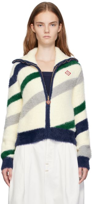 Casablanca Blouson blanc cassé en tricot à poils longs à rayures et à glissière