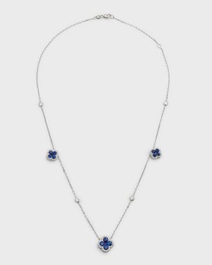 18K White Gold Blue Sapphire Flower and Diamond Station Necklace, 18"L, 3.38tcw