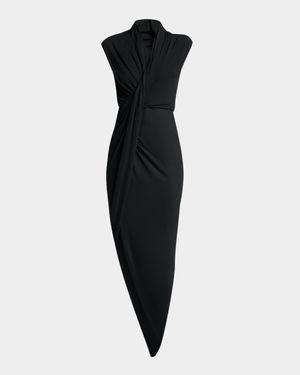 Draped Sleeveless Asymmetric Midi Dress