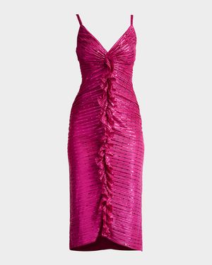 Ruched Ruffle Metallic Midi Dress