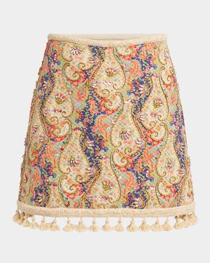 Embellished Tassel-Trim Piquet Mini Skirt