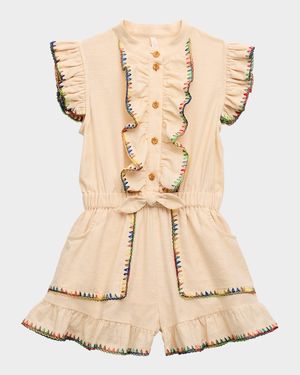 Girl's Lucky Frill Rainbow Stitch Romper, Size 4-12