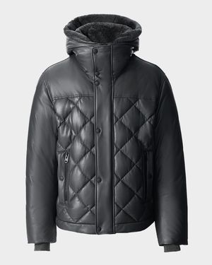 Men's Cash Down Quilted Leather Jacket with Shearling Hood