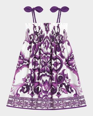 Girl's Majolica-Print Sleeveless Poplin Dress, Size 4-6