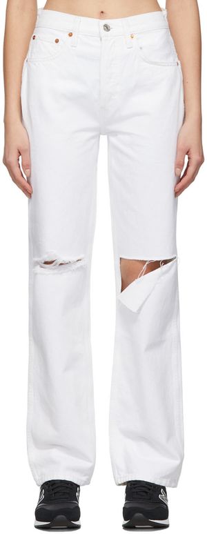Re/Done White Distressed High Rise Loose Jeans