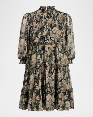 Olive Smocked Cosmo-Flower Mini Dress