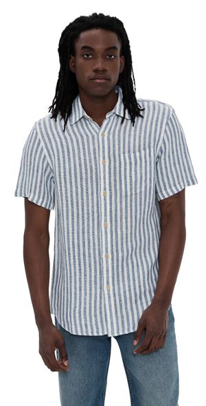 Faherty Palma Basketweave Linen Short Sleeve Shirt Horizon Ivory Stripe XL