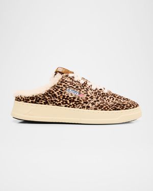 Medalist Shearling-Lined Leopard Calf Hair Sneaker Mules
