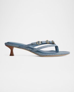 Sammie Denim Buckle Kitten-Heel Sandals