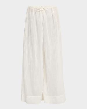 Hypnosta Pleated Cotton Wide-Leg Drawstring Pants