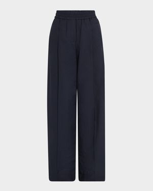 Pleated Crispy Diagonal Cotton Wide-Leg Pull-On Pants