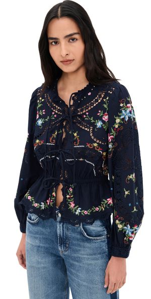 Sea Edwina Embroidery Tie Front Top Navy XS