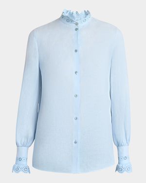 Eyelet Embroidered Ruffle Button-Down Shirt
