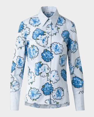 Carnation-Print Striped Cotton Poplin Button-Down Blouse