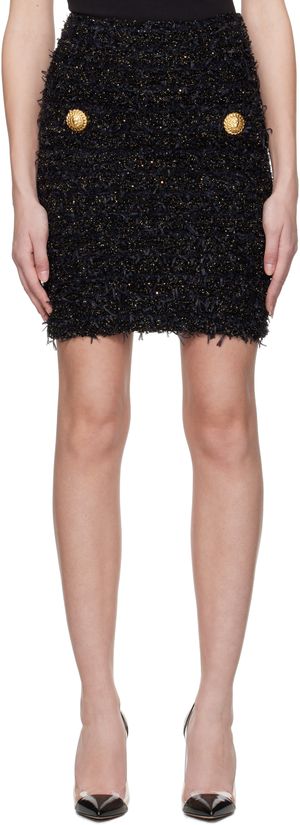 Balmain Black Buttoned Tweed Miniskirt