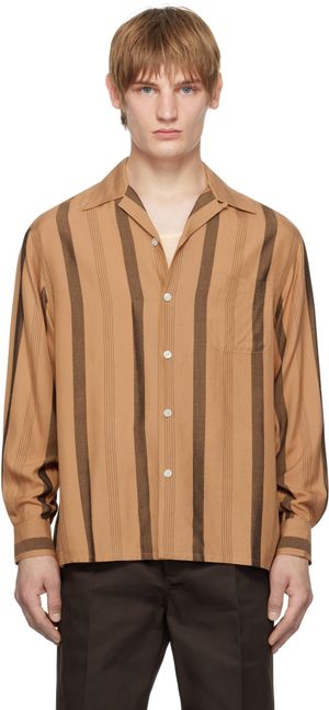 WACKO MARIA Chemise brune à col ouvert et à rayures